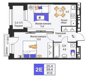 2-к квартира, строящийся дом, 42м2, 7/19 этаж