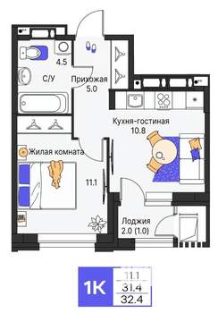 1-к квартира, вторичка, 32м2, 3/9 этаж