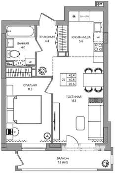 2-к квартира, вторичка, 42м2, 8/9 этаж