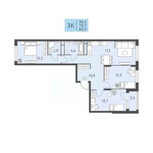 3-к квартира, вторичка, 80м2, 2/22 этаж