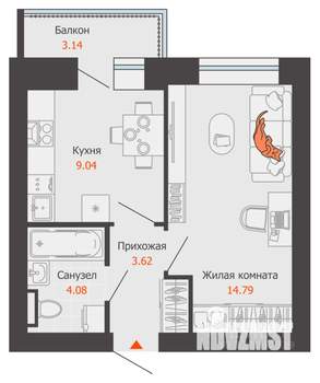1-к квартира, вторичка, 32м2, 6/9 этаж