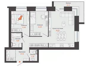 2-к квартира, вторичка, 72м2, 2/8 этаж