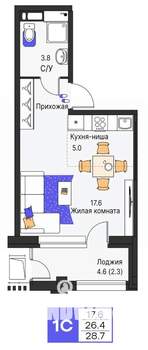 Студия квартира, строящийся дом, 29м2, 7/19 этаж