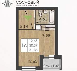 1-к квартира, вторичка, 30м2, 4/4 этаж