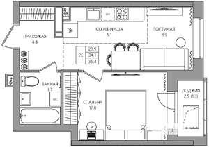 2-к квартира, вторичка, 35м2, 18/22 этаж