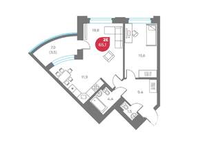 2-к квартира, вторичка, 65м2, 7/9 этаж