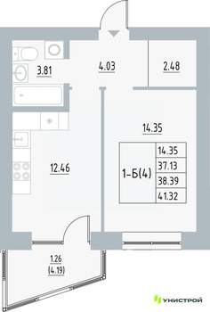 1-к квартира, вторичка, 38м2, 4/5 этаж