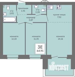 3-к квартира, вторичка, 65м2, 1/7 этаж