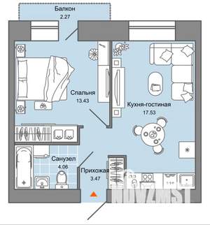 1-к квартира, строящийся дом, 41м2, 3/9 этаж