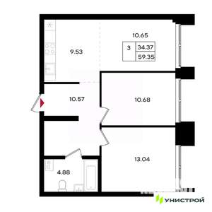 3-к квартира, вторичка, 59м2, 3/25 этаж
