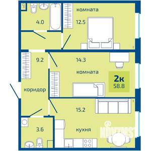 2-к квартира, вторичка, 59м2, 1/10 этаж