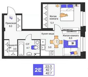 2-к квартира, строящийся дом, 43м2, 2/25 этаж
