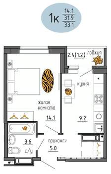 1-к квартира, строящийся дом, 33м2, 20/25 этаж