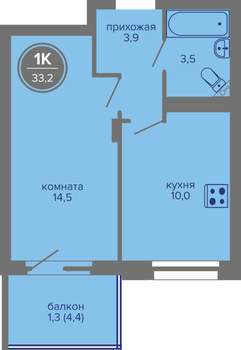 1-к квартира, вторичка, 33м2, 7/26 этаж