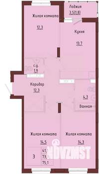 3-к квартира, строящийся дом, 77м2, 6/9 этаж