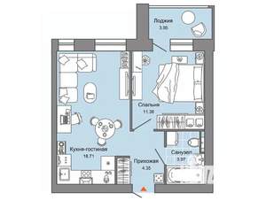 1-к квартира, вторичка, 40м2, 3/8 этаж