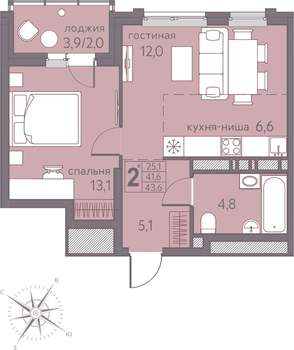 2-к квартира, строящийся дом, 44м2, 13/22 этаж