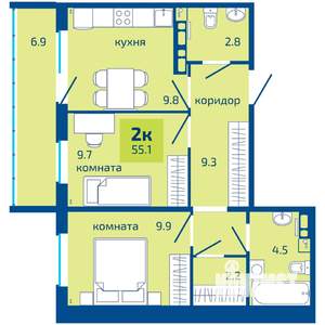 2-к квартира, строящийся дом, 55м2, 3/10 этаж