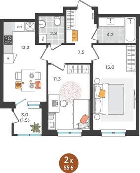 2-к квартира, вторичка, 56м2, 2/25 этаж