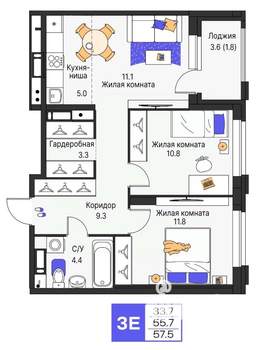 3-к квартира, вторичка, 58м2, 12/25 этаж