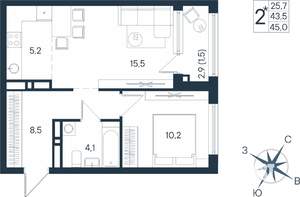 2-к квартира, строящийся дом, 45м2, 4/15 этаж