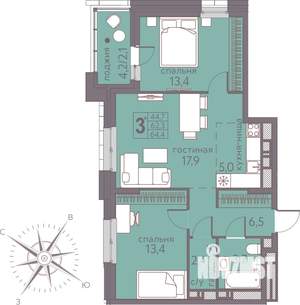 Студия квартира, строящийся дом, 64м2, 14/22 этаж