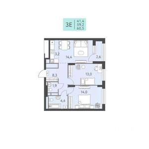 3-к квартира, строящийся дом, 61м2, 15/22 этаж