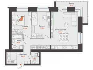 2-к квартира, вторичка, 72м2, 3/12 этаж