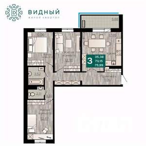 3-к квартира, вторичка, 76м2, 1/8 этаж