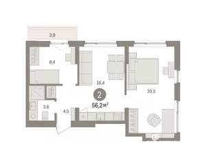 2-к квартира, вторичка, 56м2, 5/9 этаж