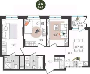 3-к квартира, вторичка, 64м2, 17/25 этаж