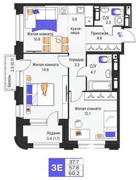 3-к квартира, строящийся дом, 60м2, 13/19 этаж