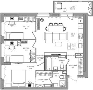 3-к квартира, вторичка, 76м2, 13/22 этаж