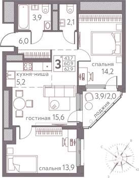 3-к квартира, строящийся дом, 63м2, 12/20 этаж