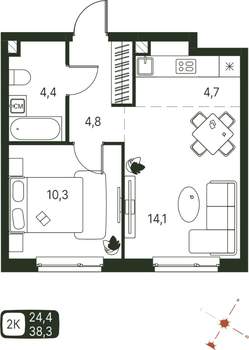 Студия квартира, строящийся дом, 38м2, 2/20 этаж