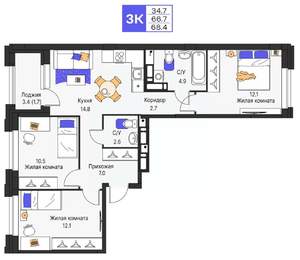 3-к квартира, строящийся дом, 68м2, 5/16 этаж