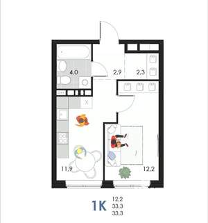 1-к квартира, вторичка, 33м2, 5/6 этаж
