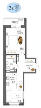 2-к квартира, строящийся дом, 44м2, 20/25 этаж