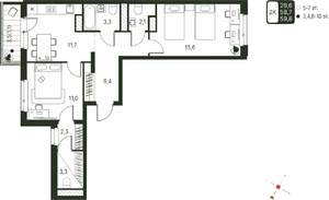 2-к квартира, строящийся дом, 60м2, 3/20 этаж