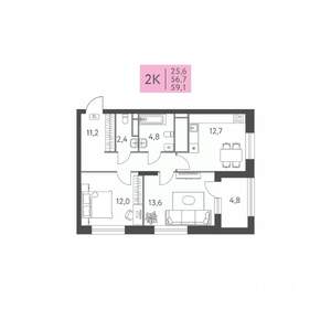 2-к квартира, строящийся дом, 59м2, 3/22 этаж