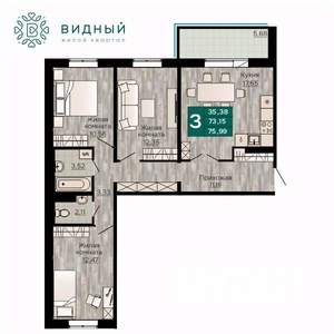 3-к квартира, вторичка, 76м2, 3/8 этаж