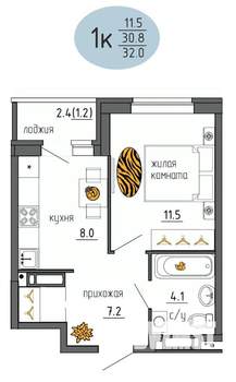 1-к квартира, строящийся дом, 32м2, 19/25 этаж