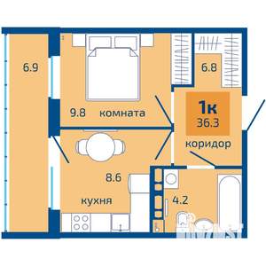 1-к квартира, строящийся дом, 36м2, 3/10 этаж