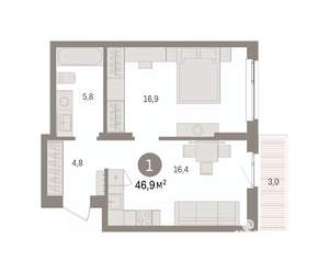 1-к квартира, вторичка, 47м2, 3/9 этаж