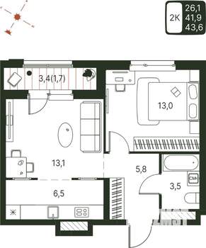 Студия квартира, строящийся дом, 44м2, 6/20 этаж