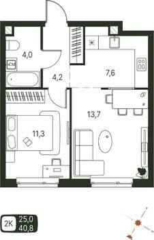 Студия квартира, строящийся дом, 41м2, 2/20 этаж