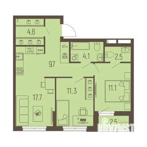 3-к квартира, вторичка, 62м2, 10/16 этаж