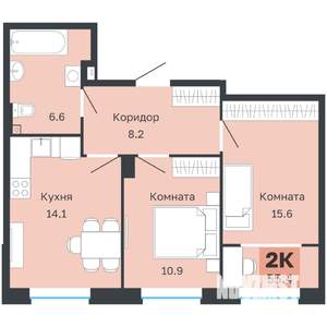 2-к квартира, вторичка, 55м2, 2/18 этаж