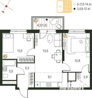 Студия квартира, строящийся дом, 56м2, 10/20 этаж