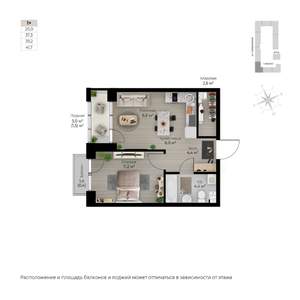 1-к квартира, строящийся дом, 40м2, 2/6 этаж